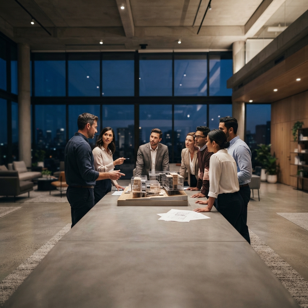 A team collaborating in a quiet, high-end professional environment