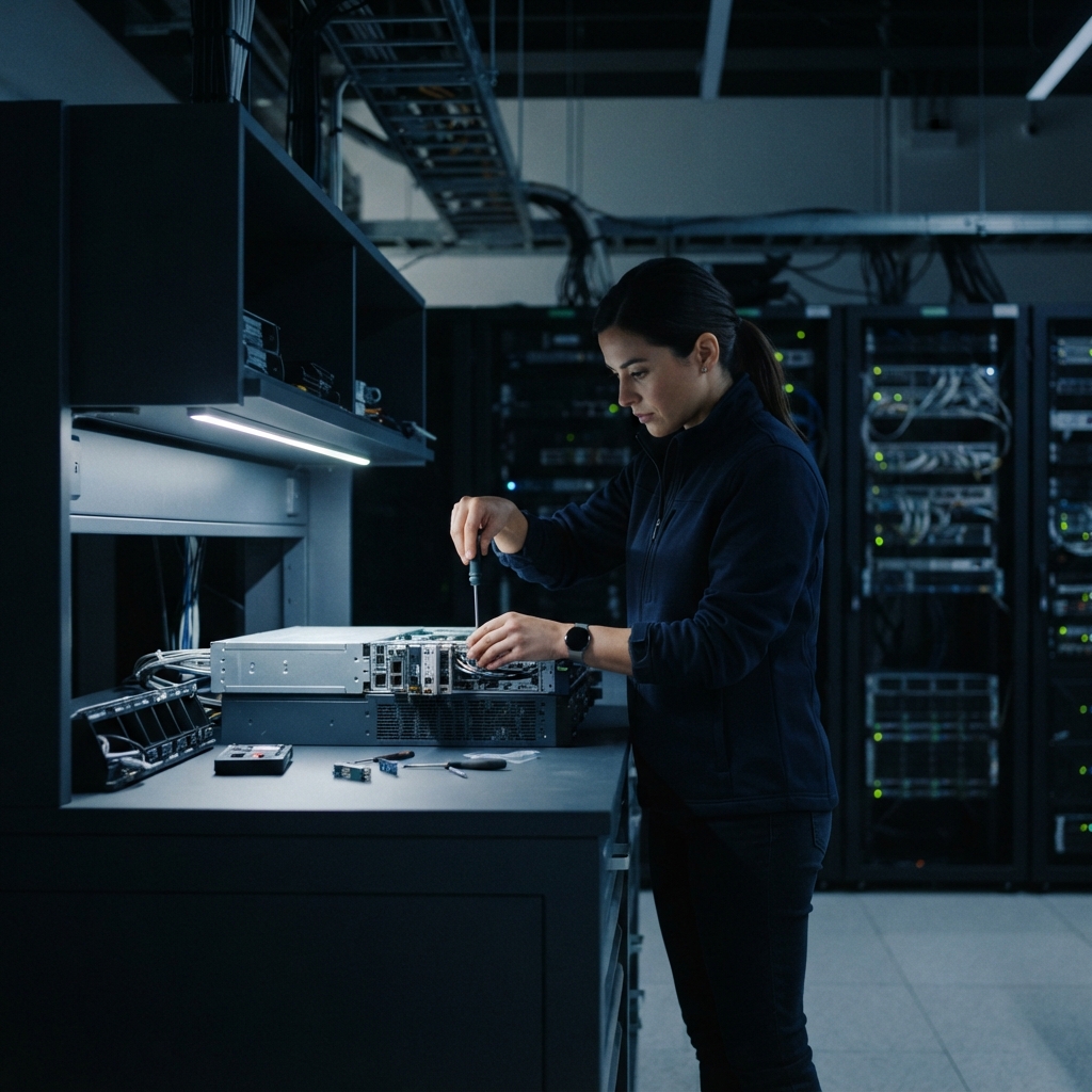 An engineer carefully maintaining precise hardware infrastructure