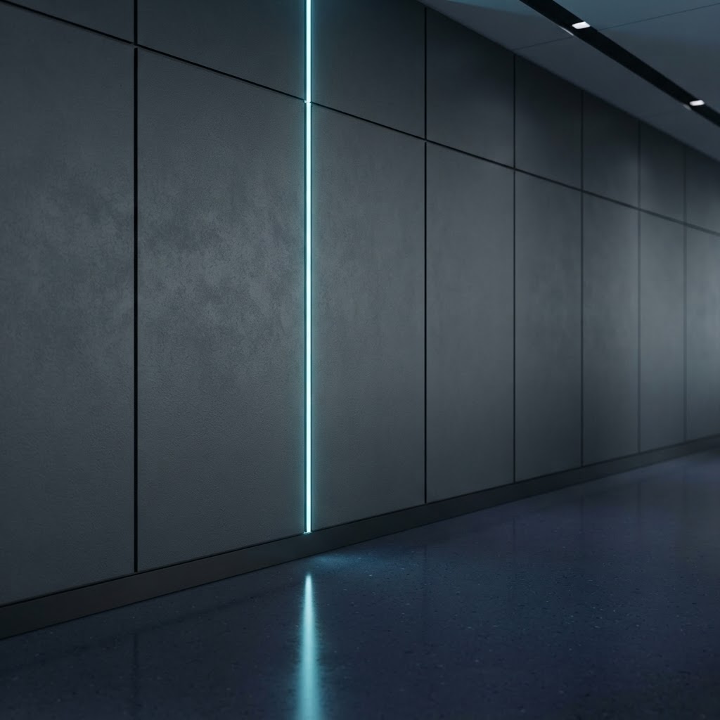 Architectural wall detail with an embedded cyan light strip