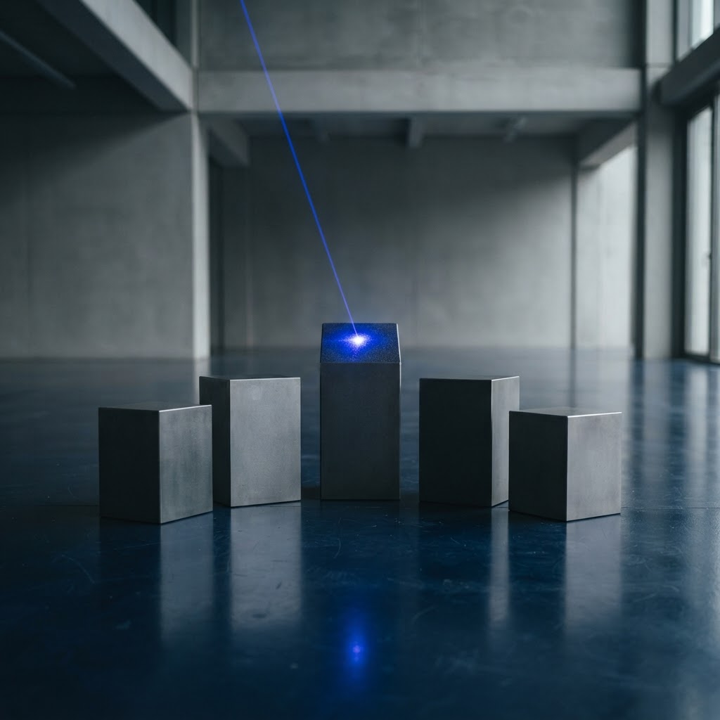 Arrangement of steel blocks in a minimalist studio with light spill