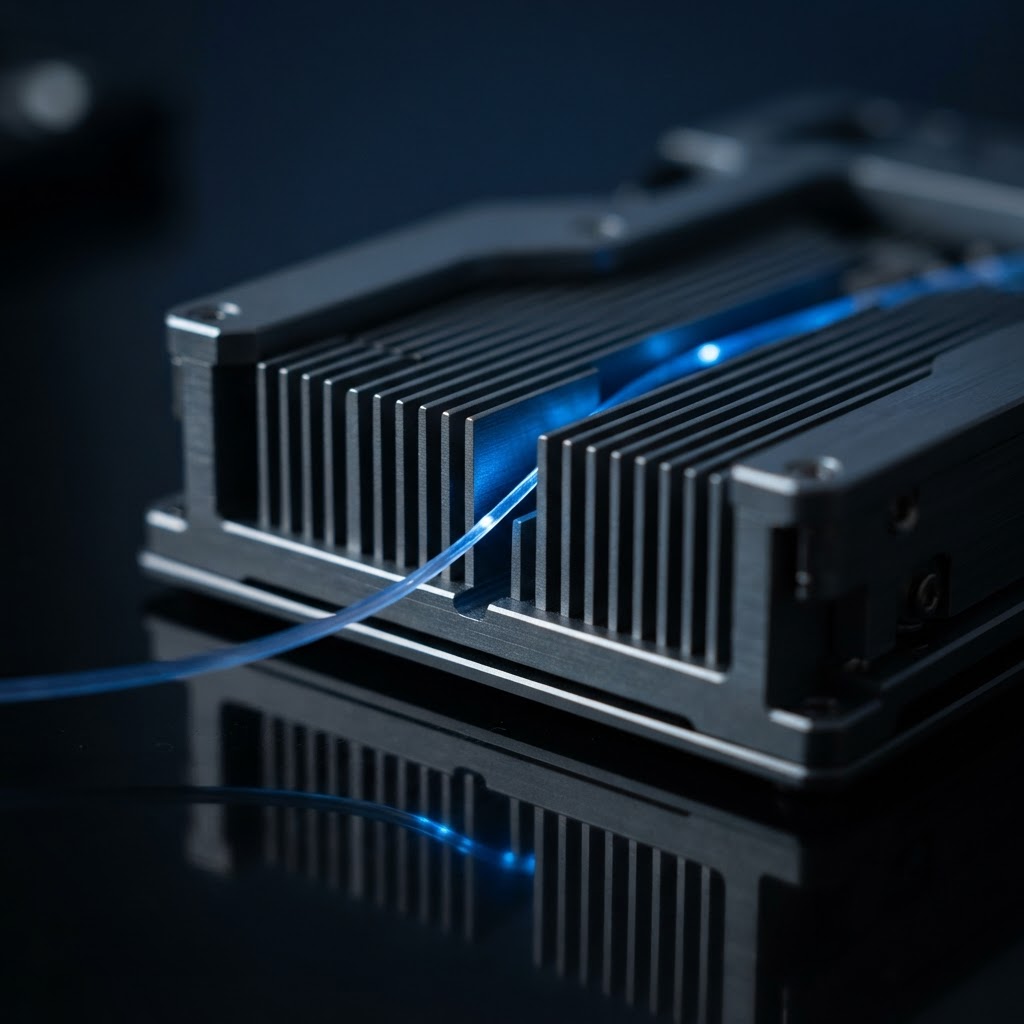 Macro view of hardware components with a glowing electric blue cable