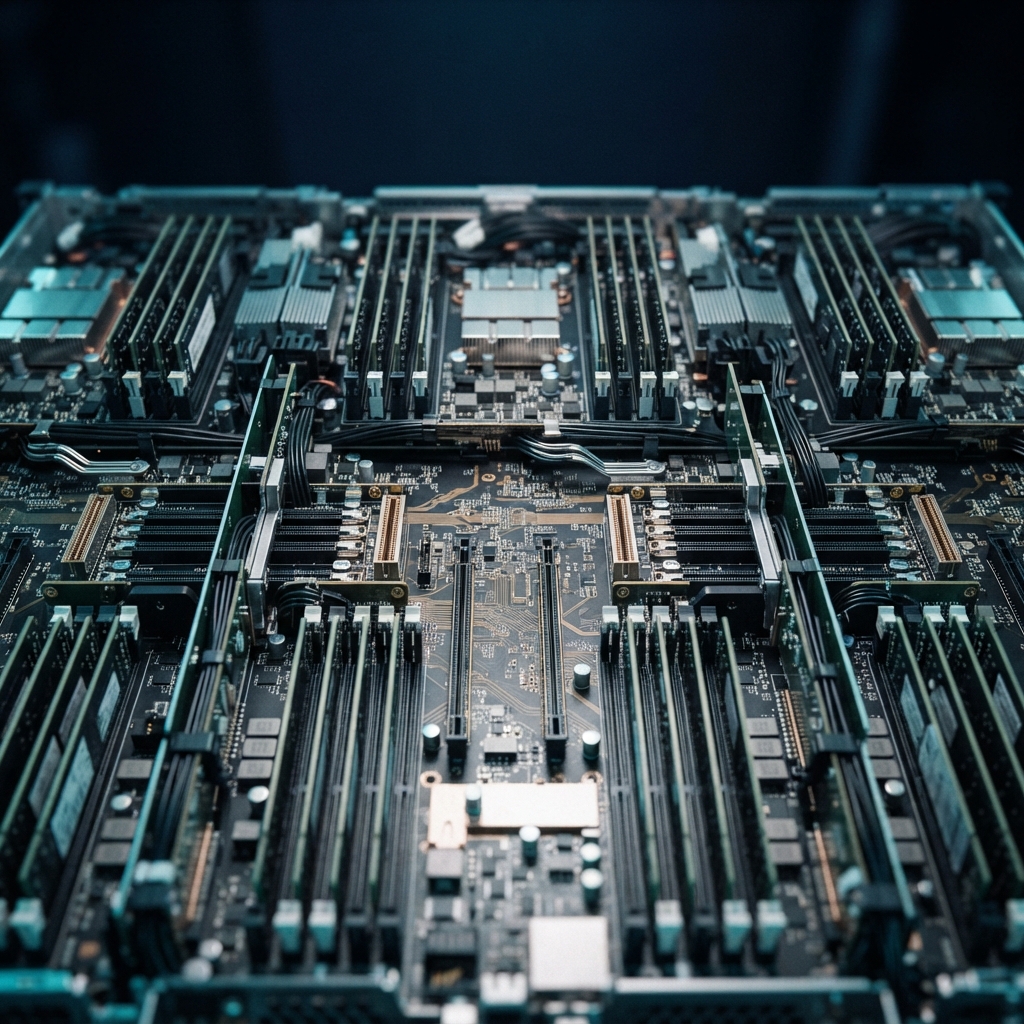 Detailed macro view of sophisticated server hardware components