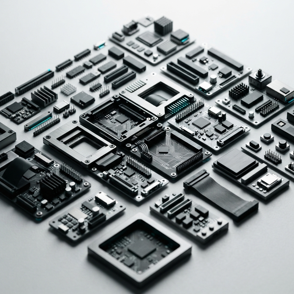 Close up view of organized modular technical hardware components