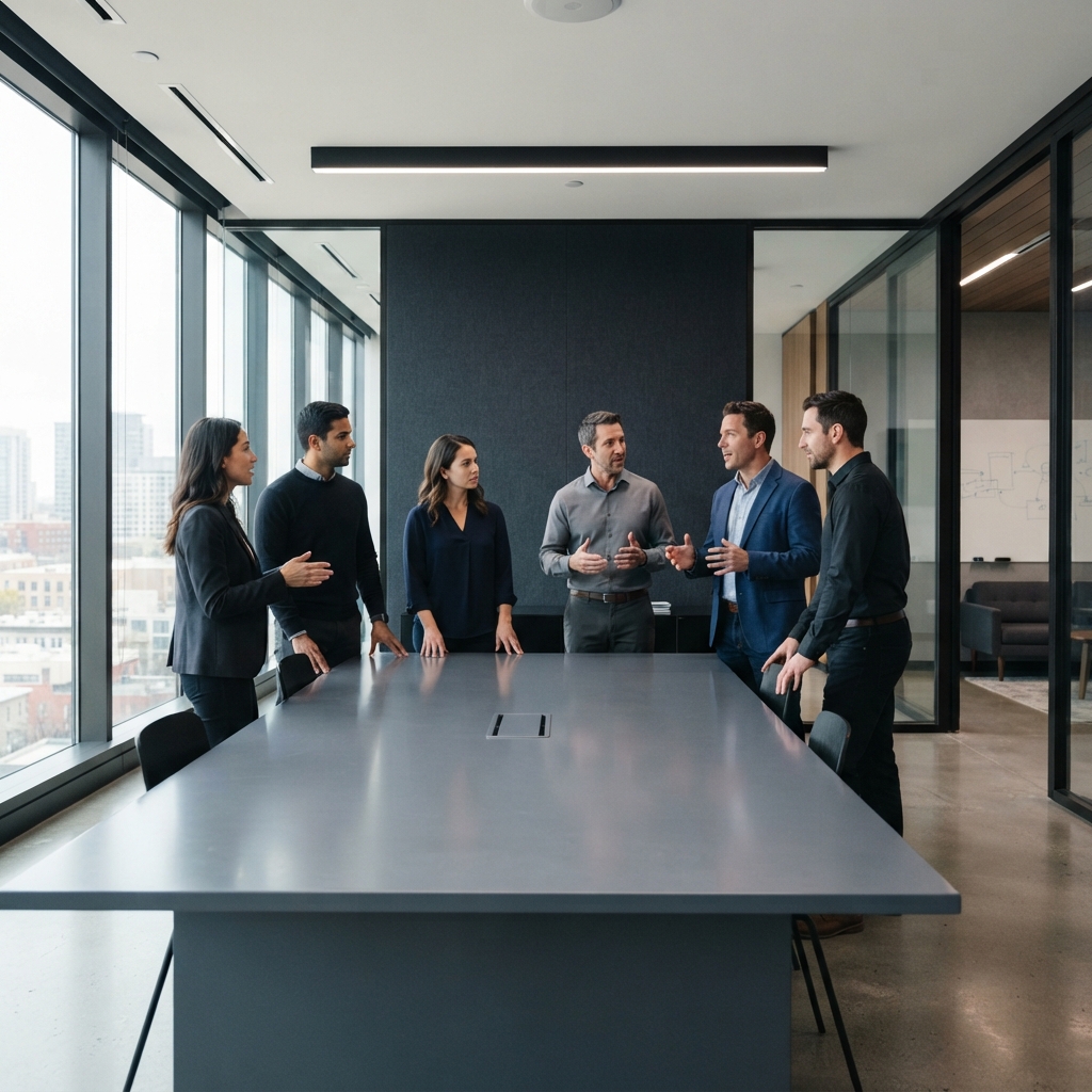 Professional engineering team collaborating in a modern workspace