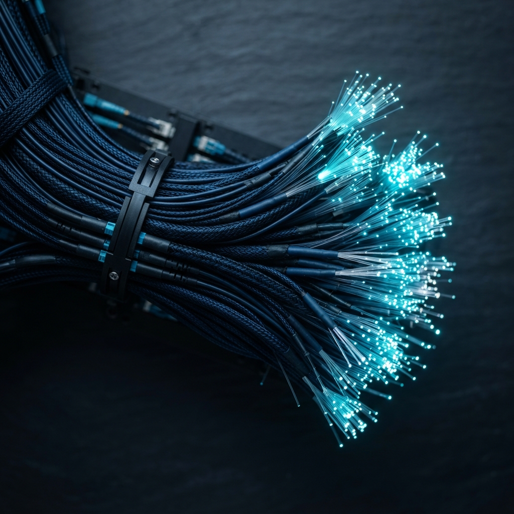Macro view of fiber optic cables glowing with cyan light
