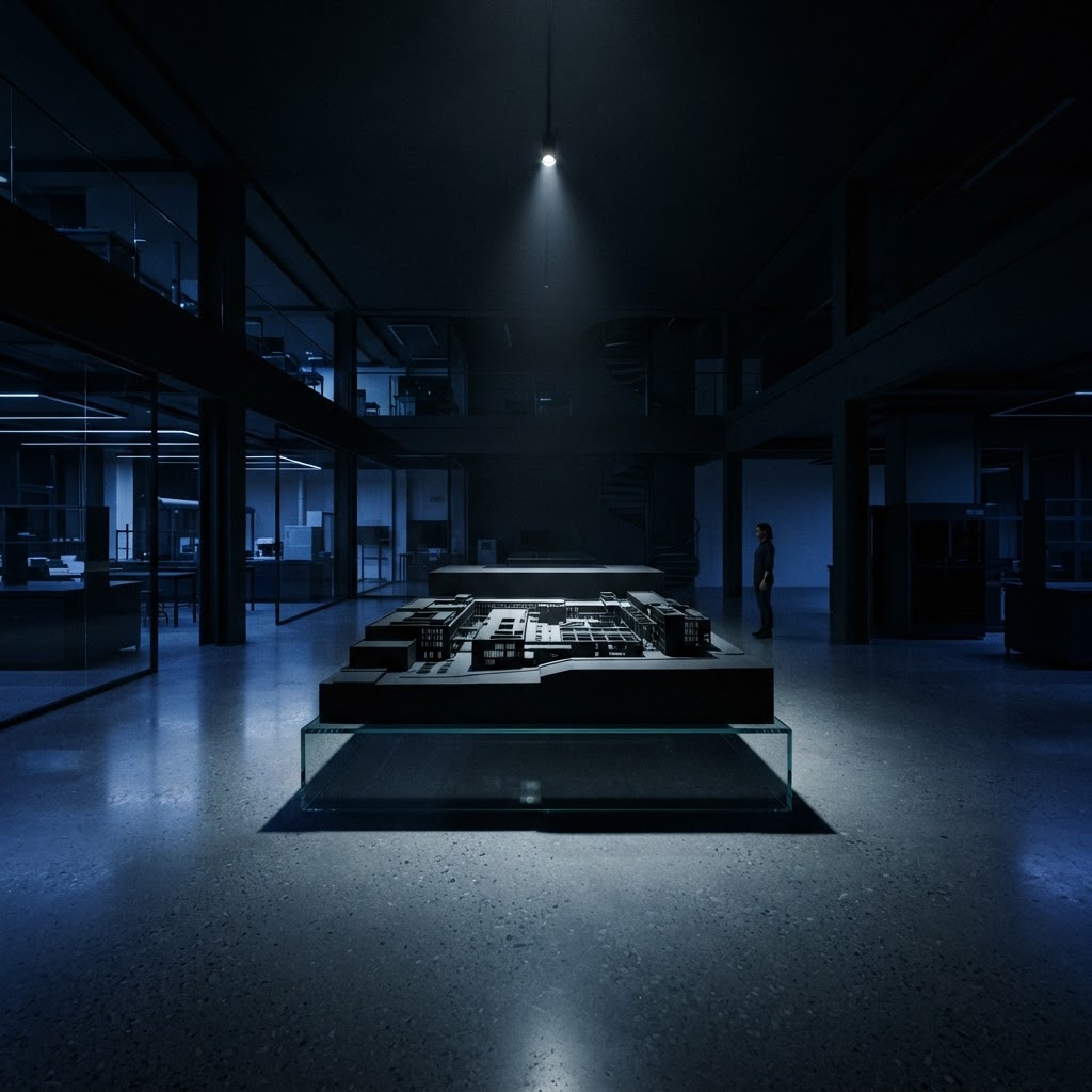 Minimalist architectural model in a dark studio setting