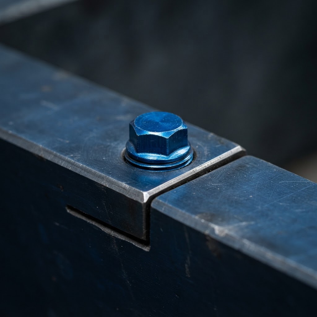 Close up of an industrial bolt connecting two steel plates