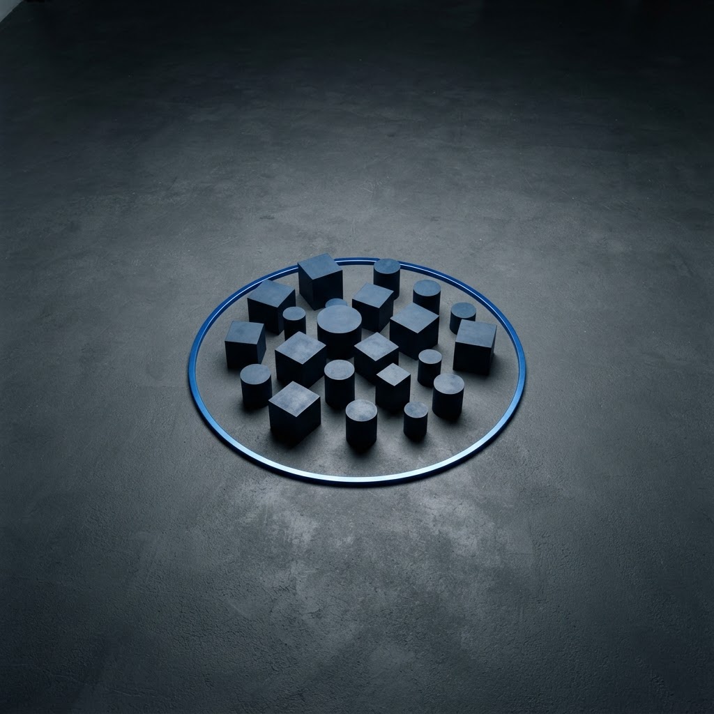 Geometric matte navy steel shapes loosely grouped together