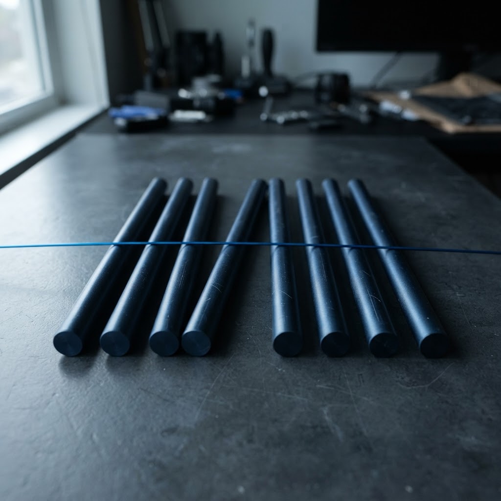 Parallel metal rods with one intentionally offset for contrast