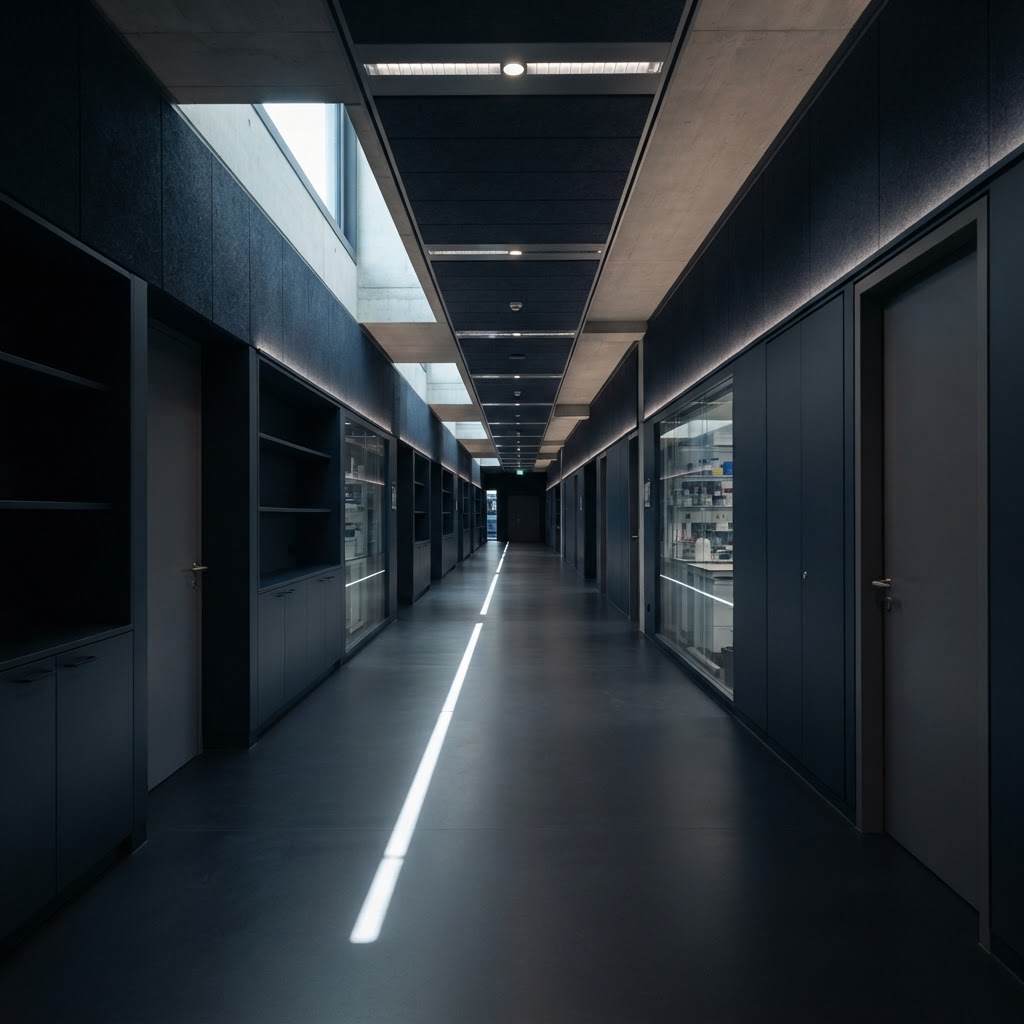 Minimalist architectural corridor in a modern research facility