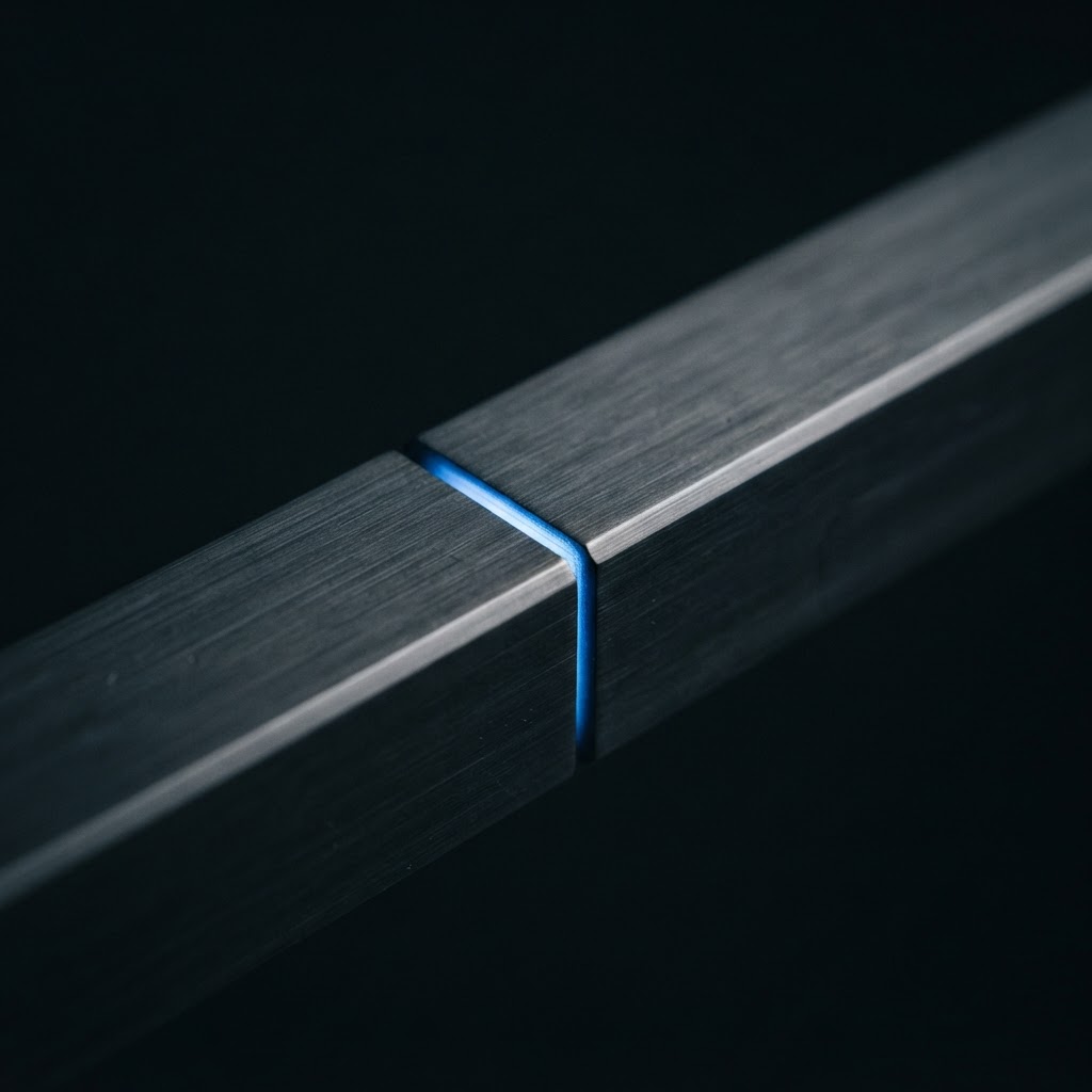 Macro shot of two perfectly aligned metal surfaces with blue lighting.