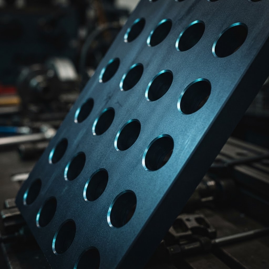 Macro view of precise drilled holes in a matte metal panel.
