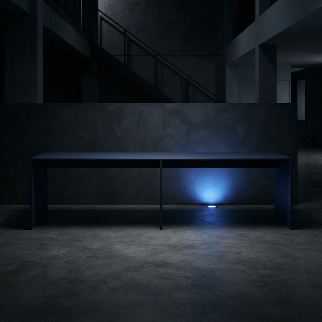 Minimalist navy desk in a dark, clean architectural studio.