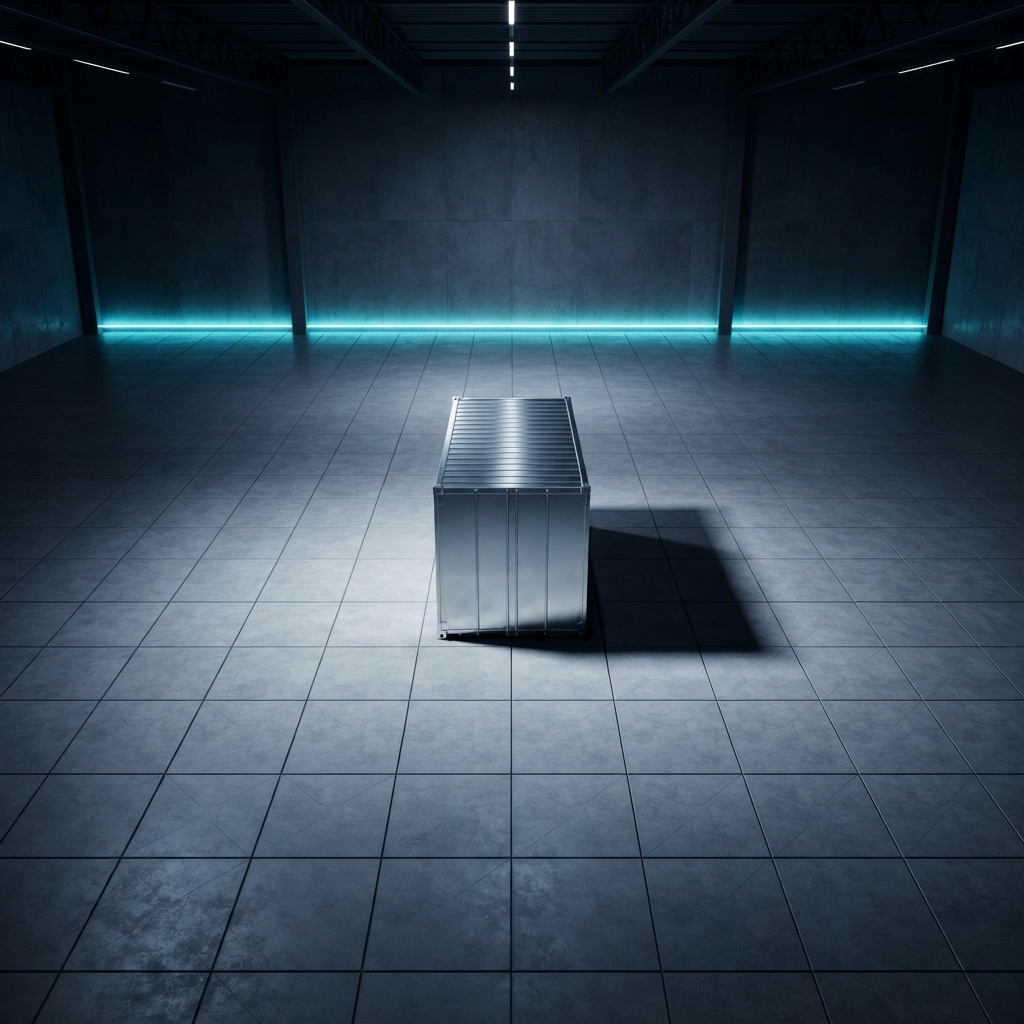 A solitary cargo container in a clean, minimalist logistics facility