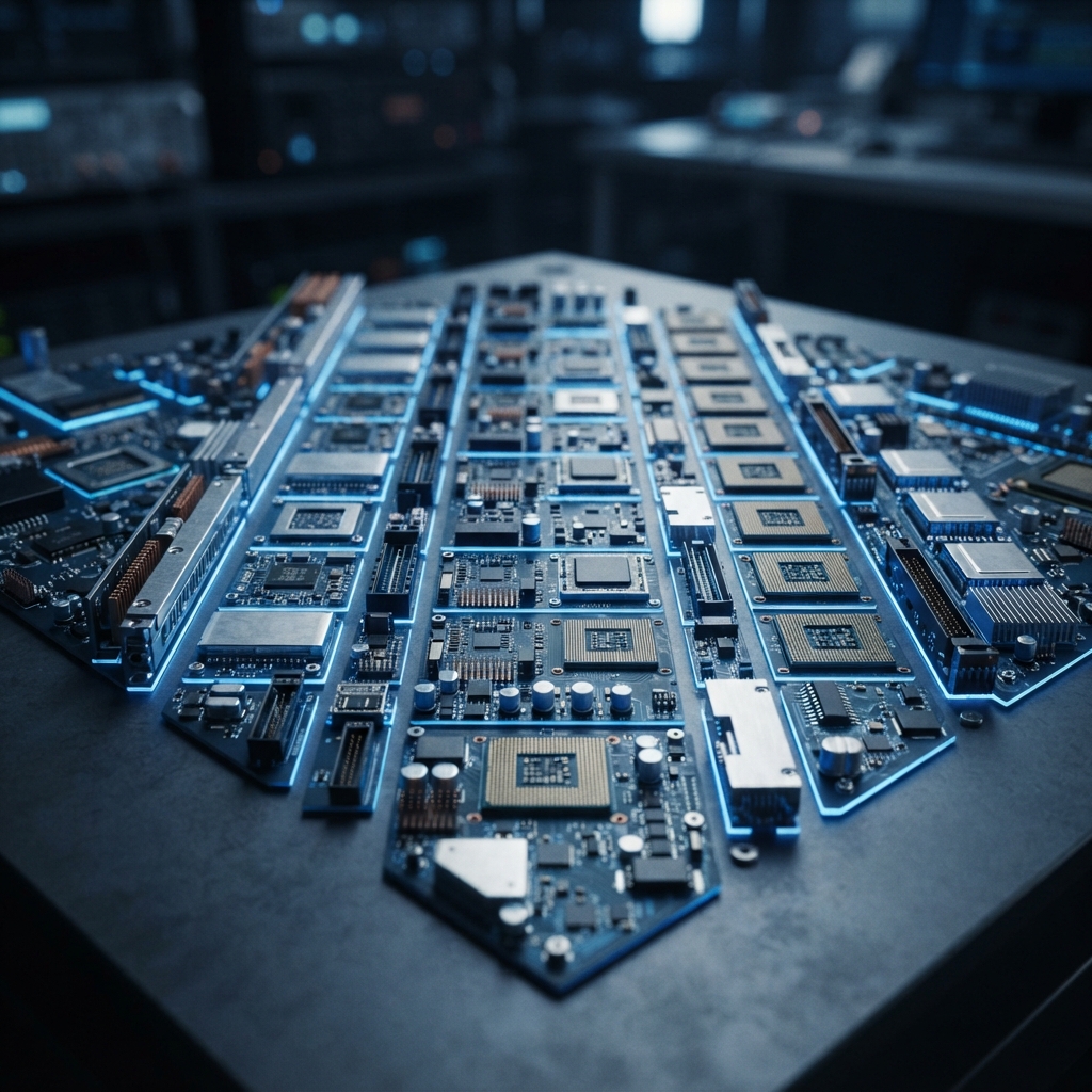 Close up industrial technical hardware with glowing blue highlights
