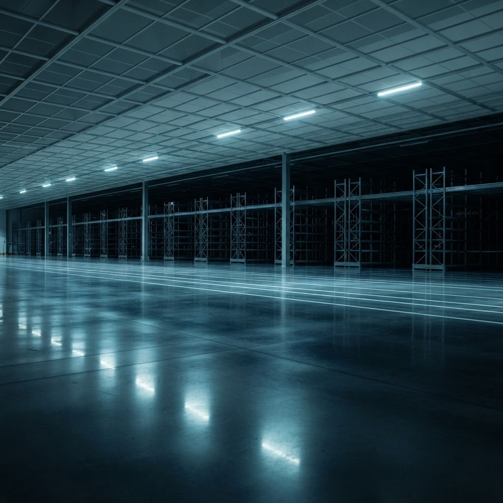 Wide view of a pristine, high density automated warehouse interior
