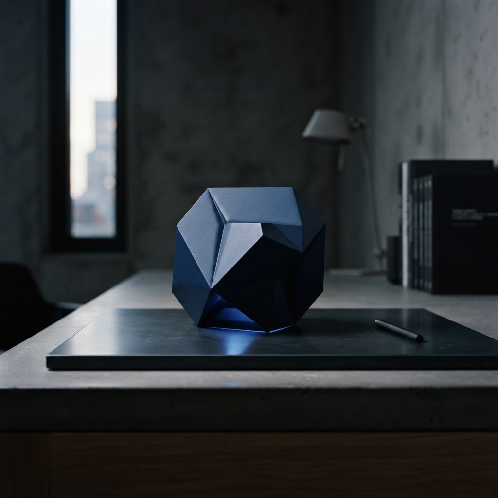 A geometric navy steel structure resting on a polished dark surface in a minimalist studio.