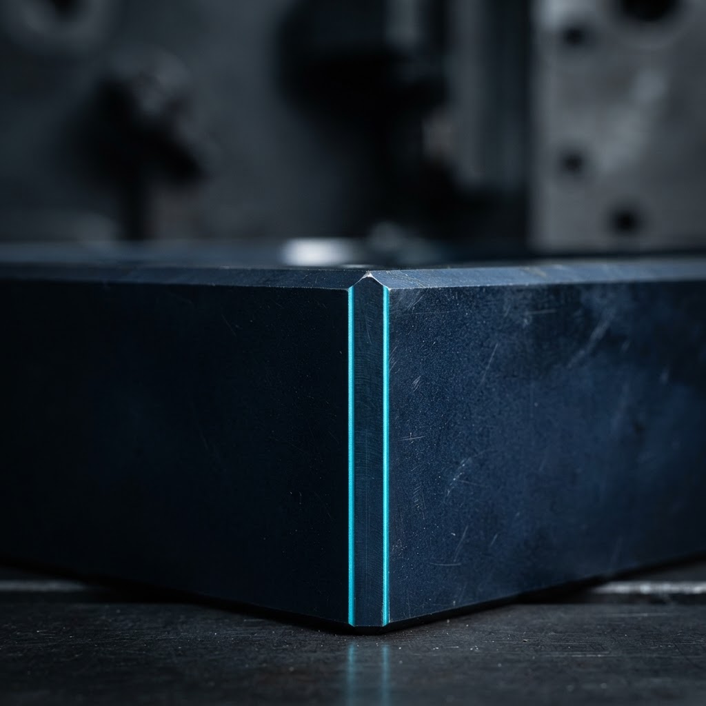 A macro close up of a sharp edged navy steel component with a thin cyan accent line.