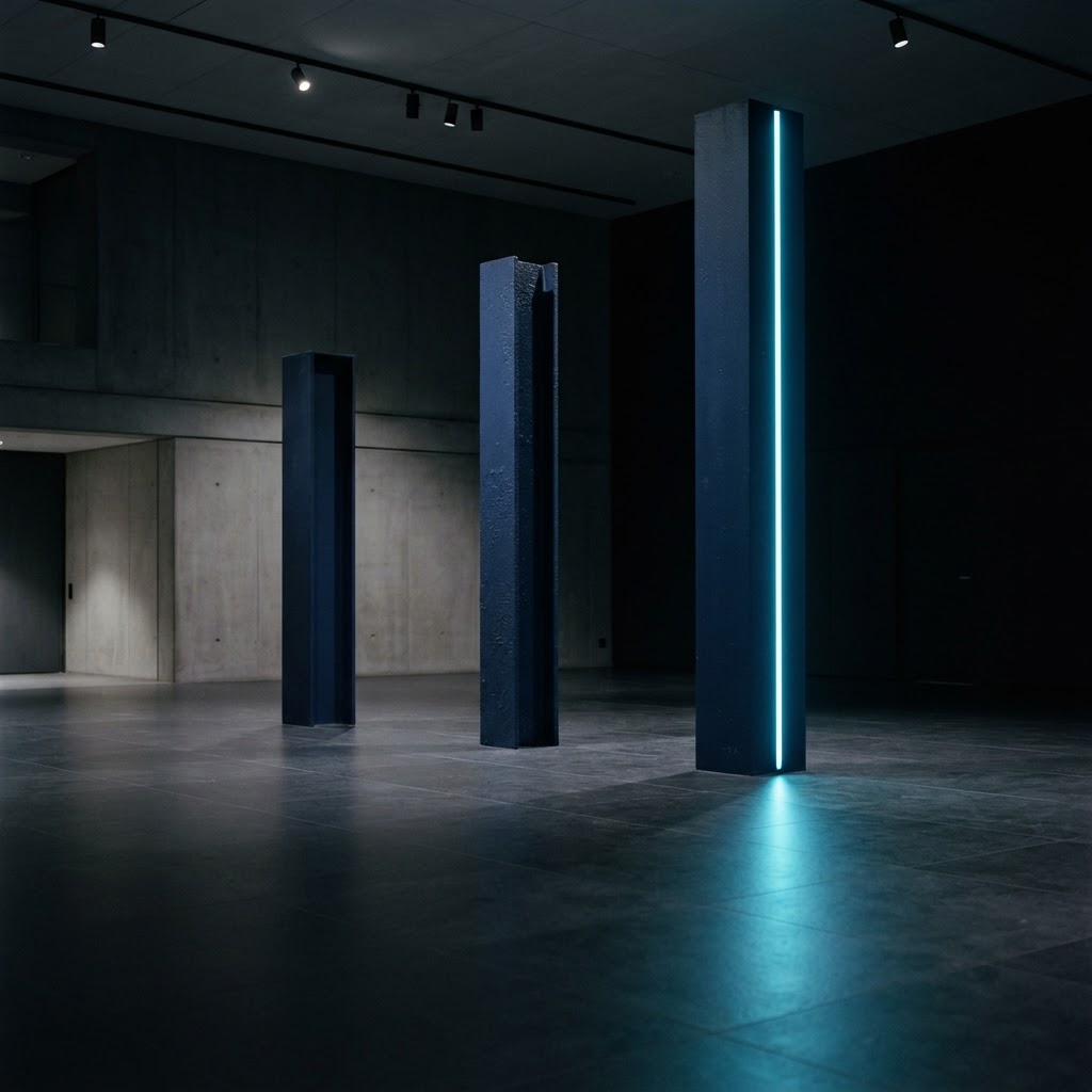 Three navy steel pillars with a cyan light strip in a minimalist architectural studio.