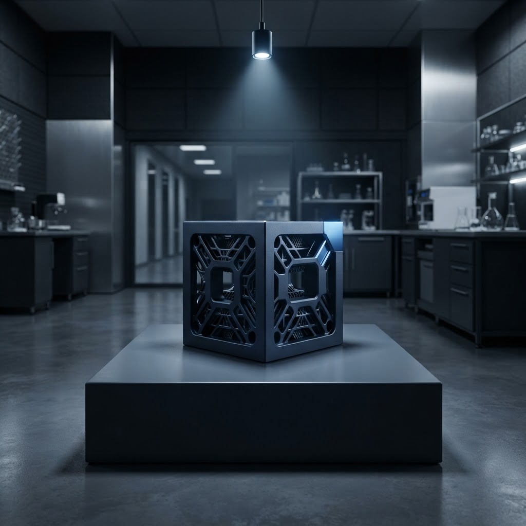 Matte navy metallic cube with machined lattice on a plinth