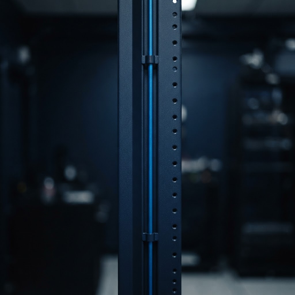 Matte navy metallic server frame with blue conduit detail
