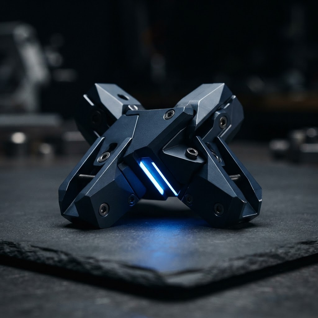 A modular navy steel industrial junction with an electric blue light accent
