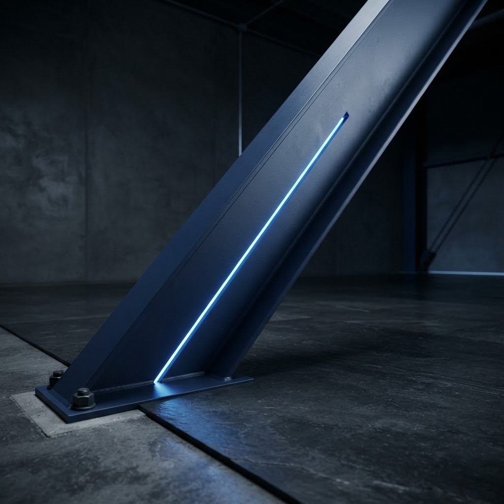 An angled navy steel architectural beam with a vertical electric blue light slot
