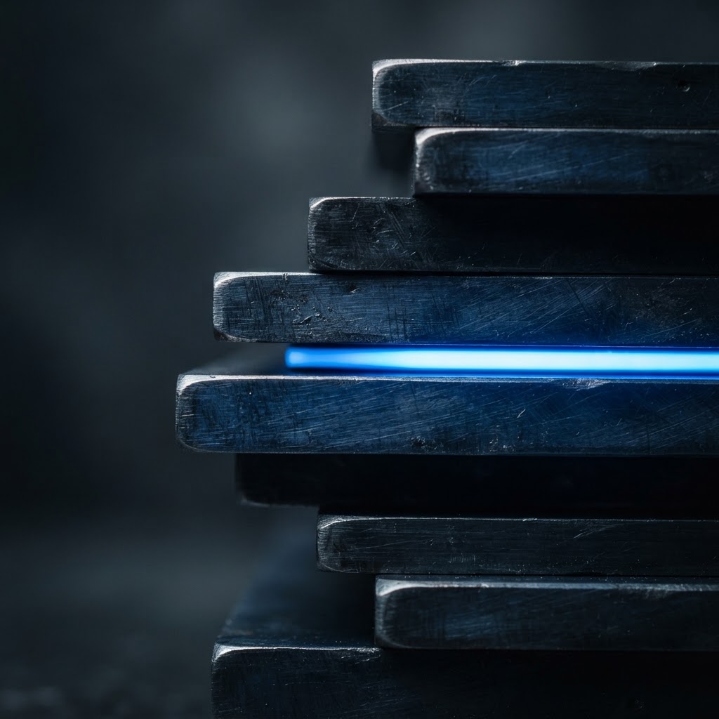 Close up of layered navy steel plates with an electric blue light sliver