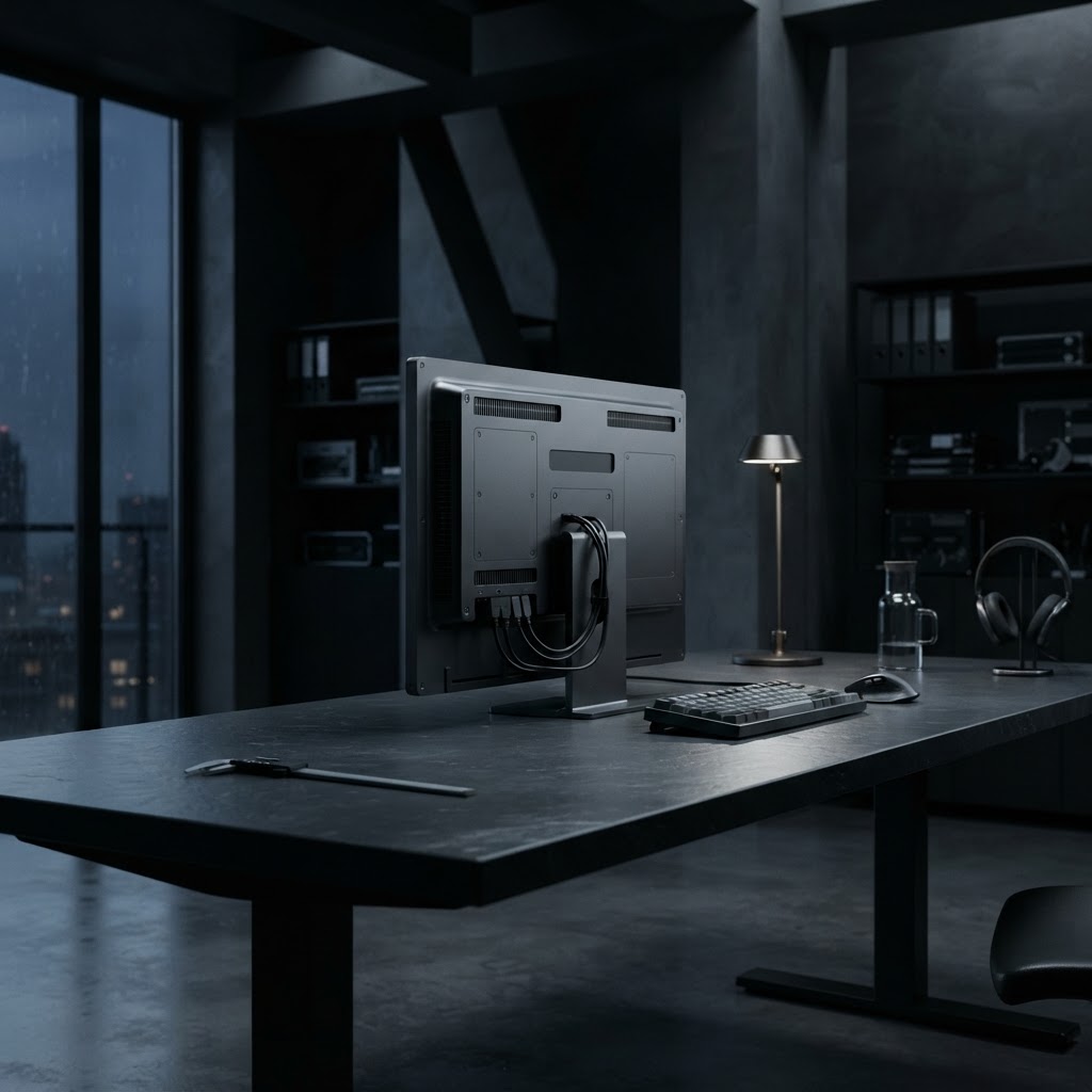 Minimalist professional engineering workstation in a dark studio