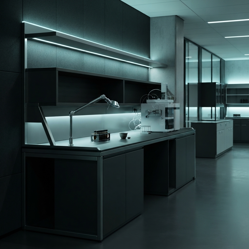 Minimalist modern tech workspace in dark tones