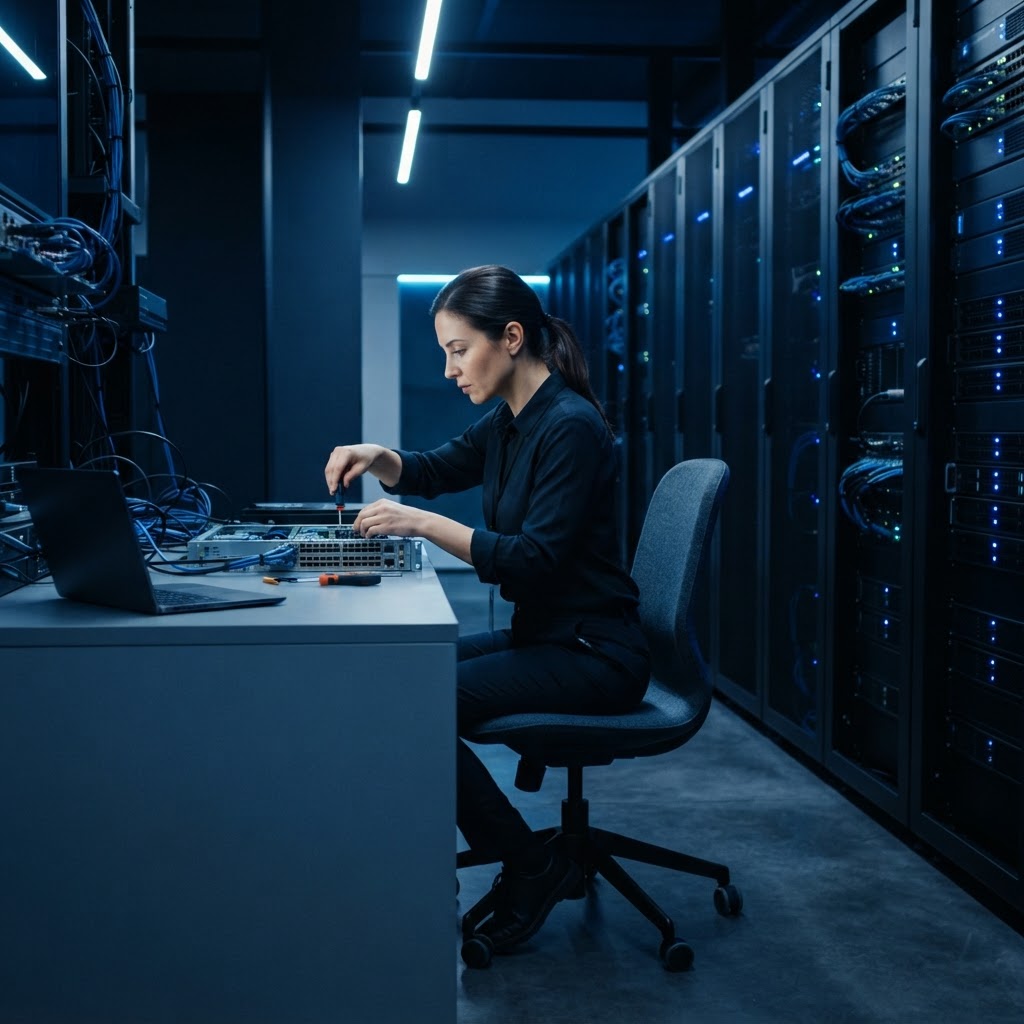 Engineer performing precise adjustments in a professional server facility