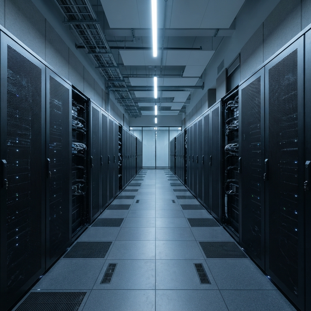 Symmetrical view of a clean production server room