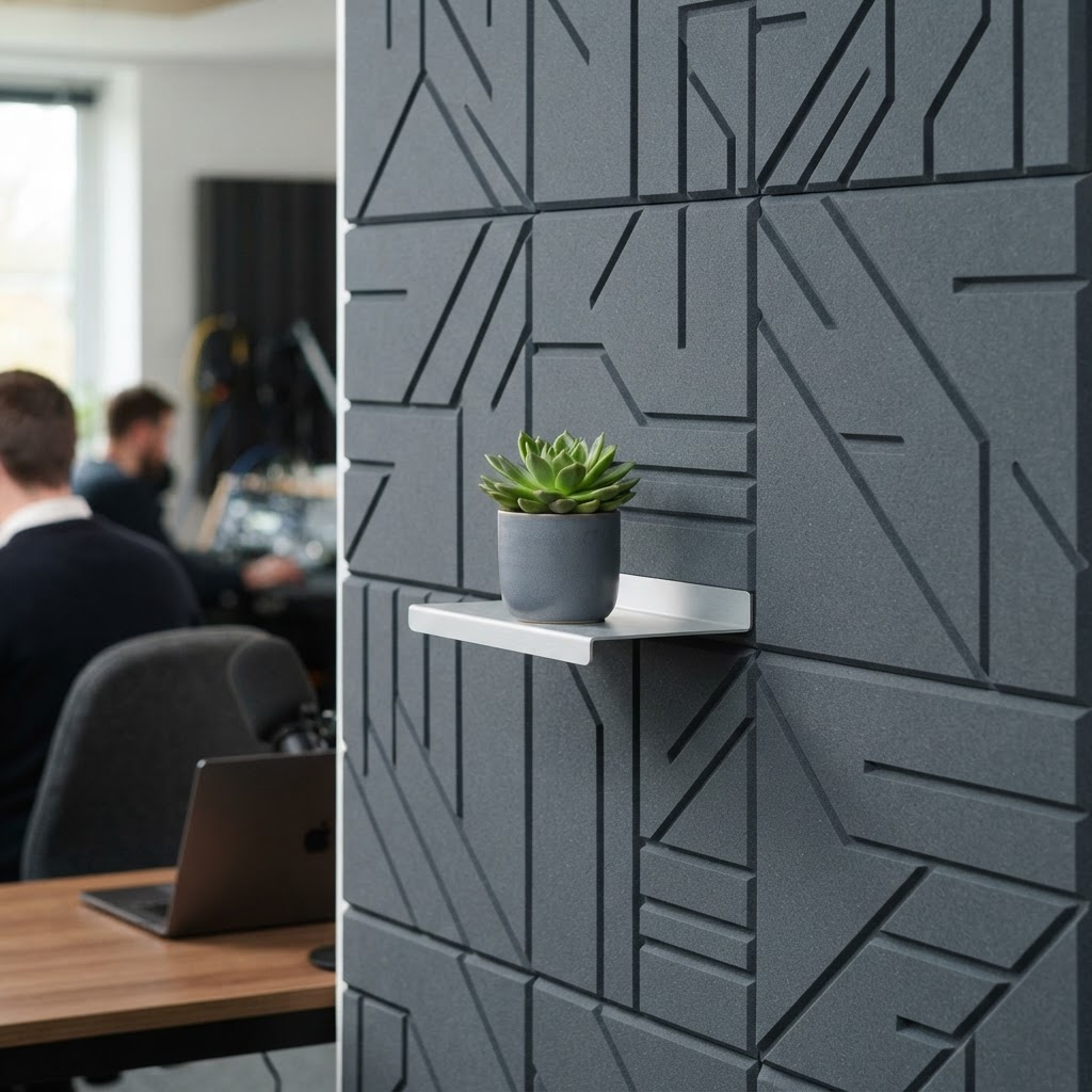 Minimalist office wall with acoustic panels and small plant