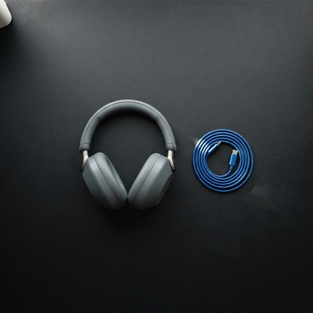 Professional headphones and coiled charging cable on desk