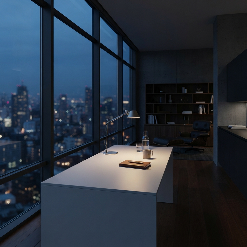 A minimalist and quiet office space at dusk