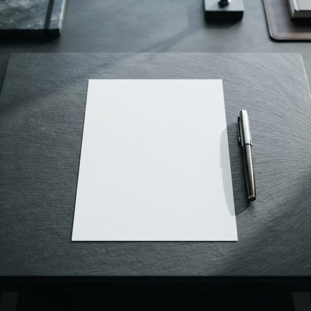 A professional desk setting with a pen and blank paper