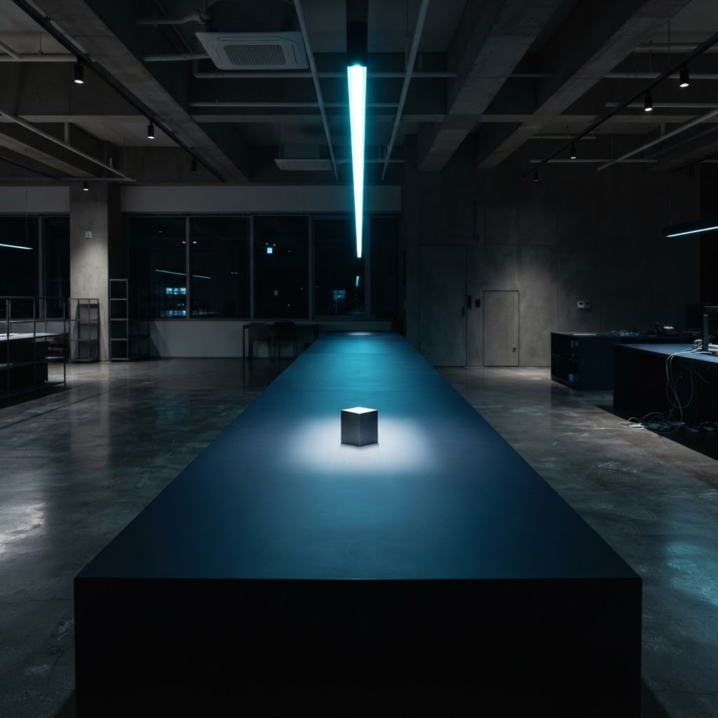 Clean architectural workspace with a single metallic focal point