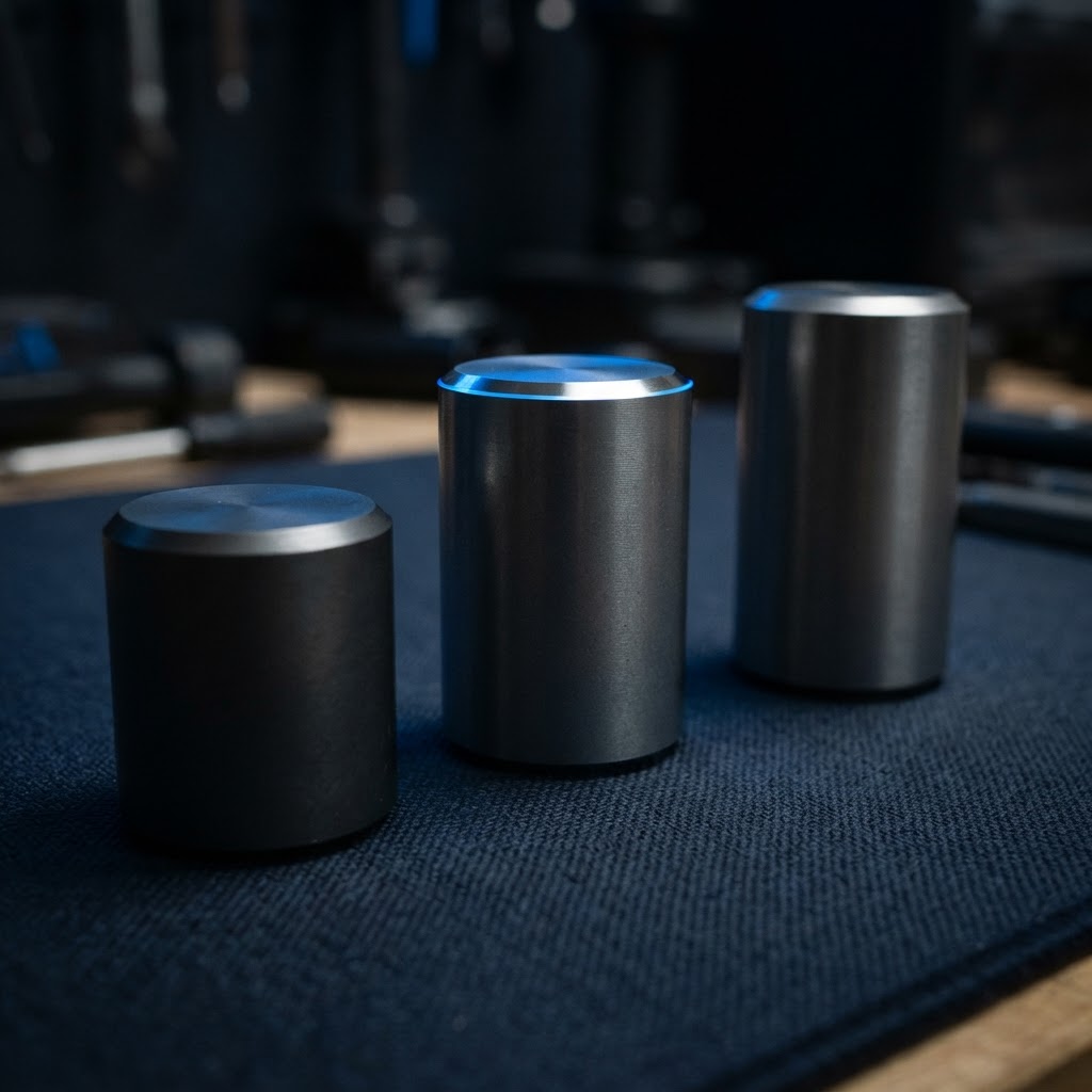 Three precision metallic cylinders arranged on a dark surface