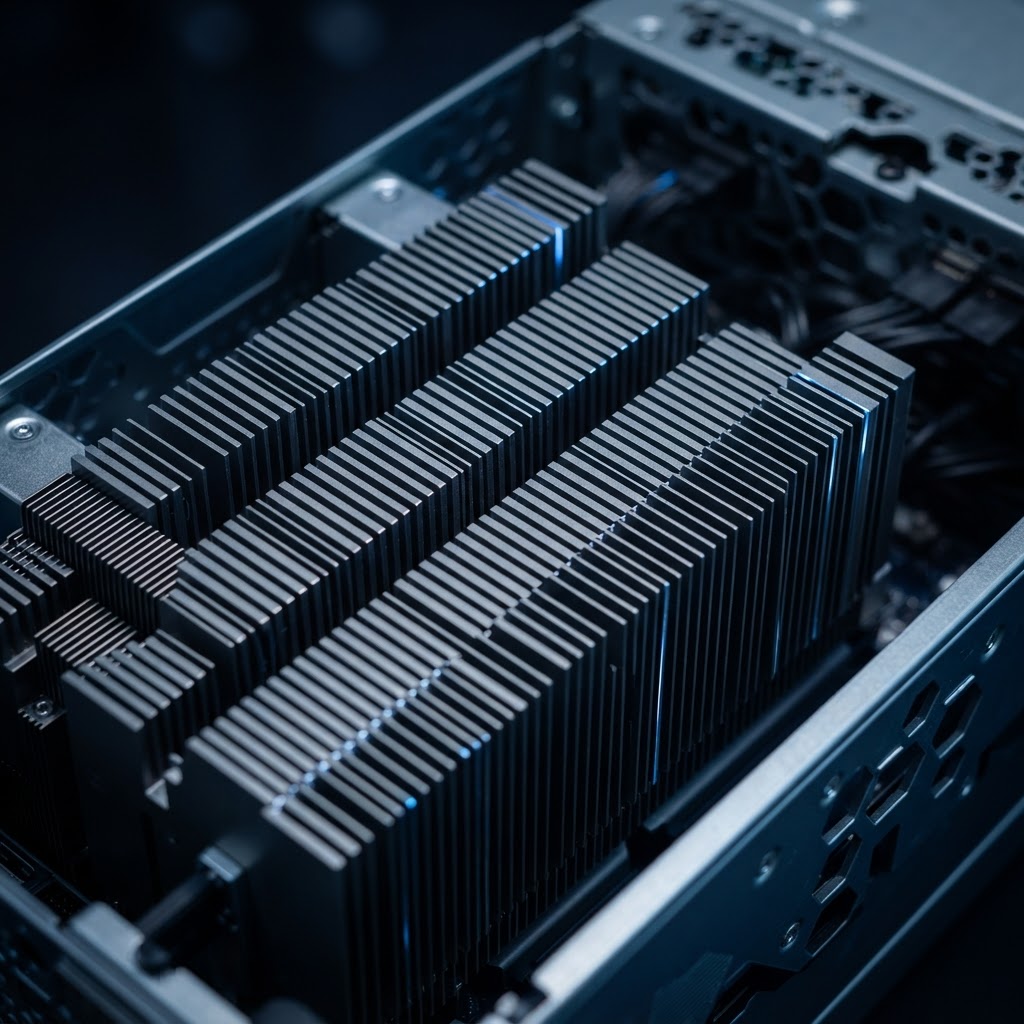 Macro view of metallic server cooling fins with blue light