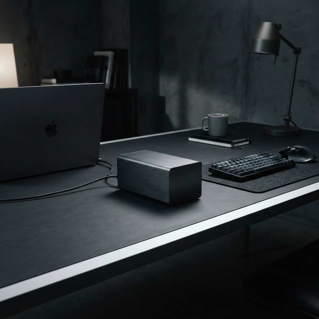 Minimalist workstation with aluminum hardware on dark surface