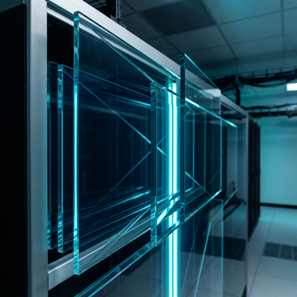Overlapping glass panels with cyan light reflections