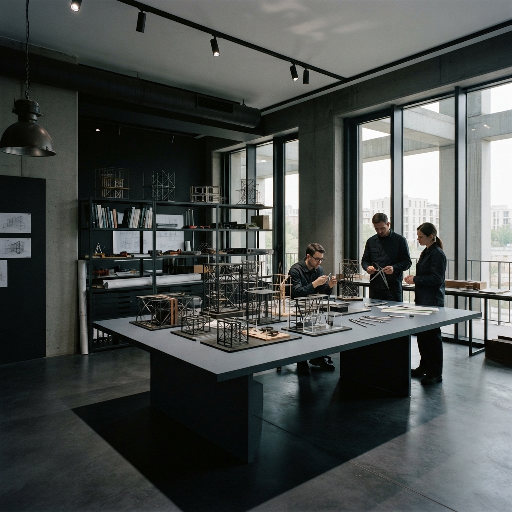 A professional engineering studio with geometric architectural models