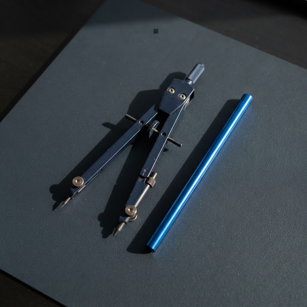 Precision drafting tool and metallic accent on a dark desk