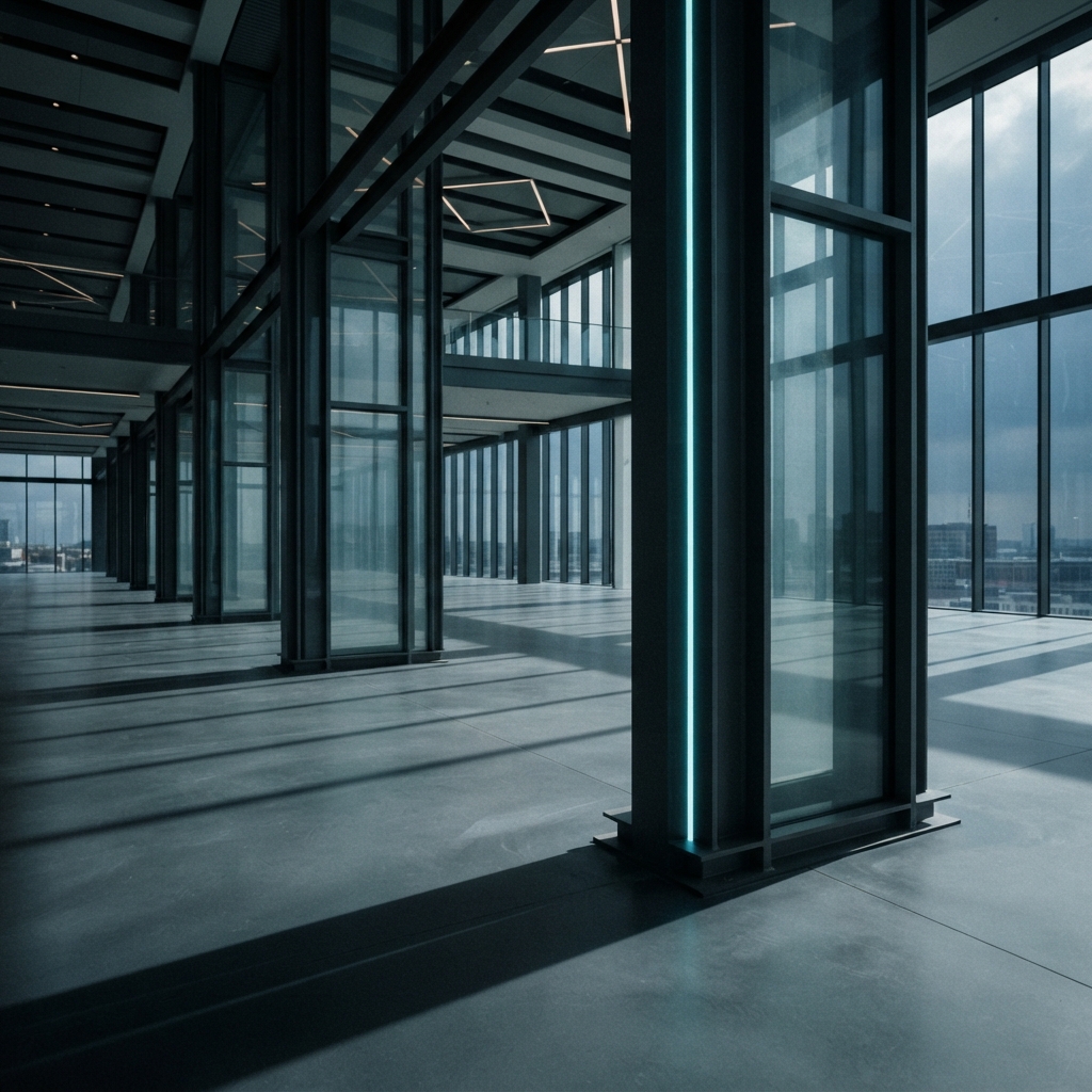 Architectural interior with geometric pillars and soft cyan lighting