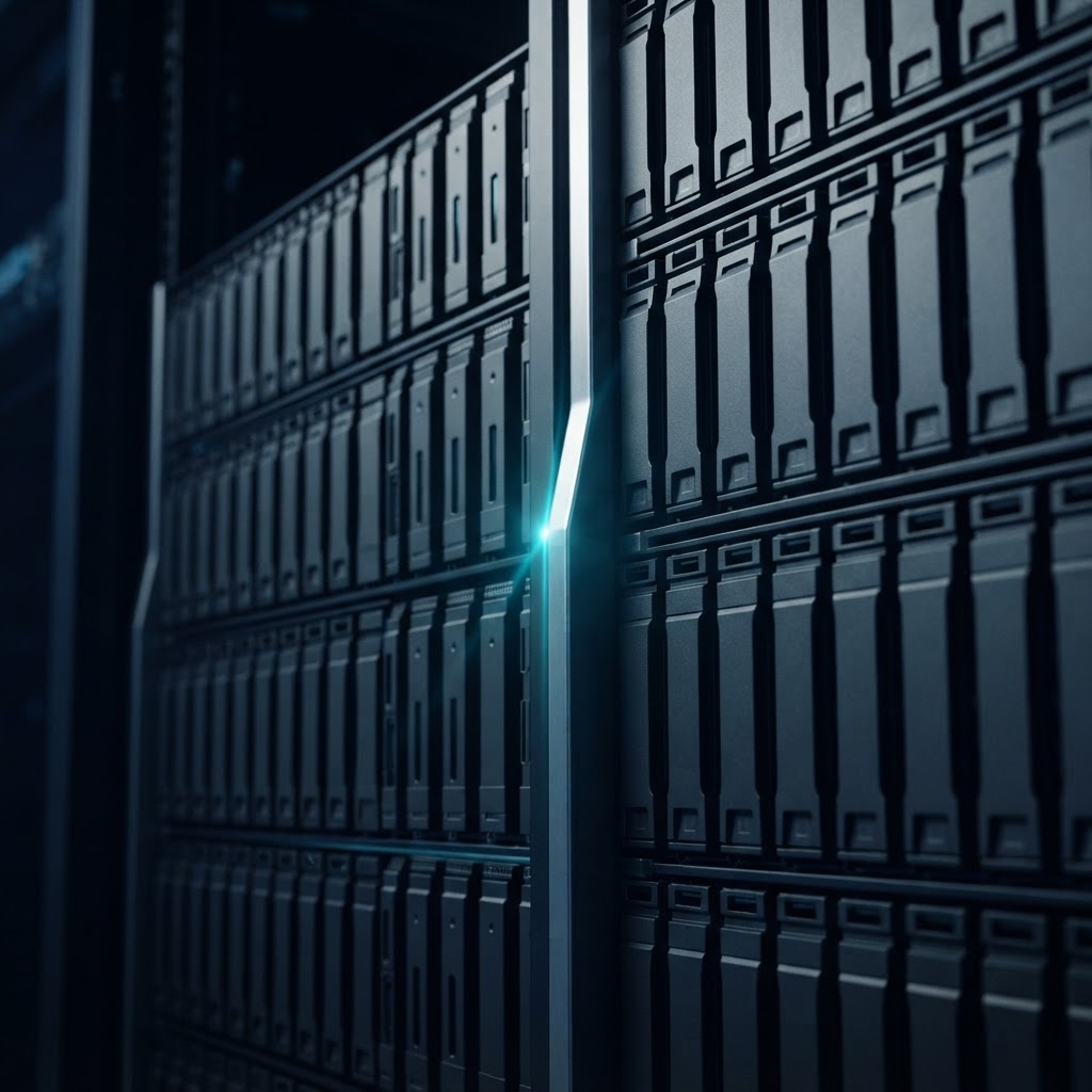 Interconnected modular data hardware components in deep blue lighting