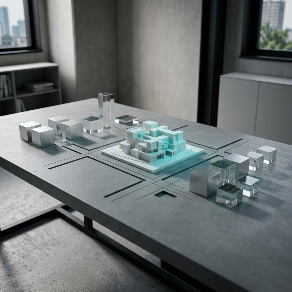 Minimalist workspace with architectural model and geometric elements