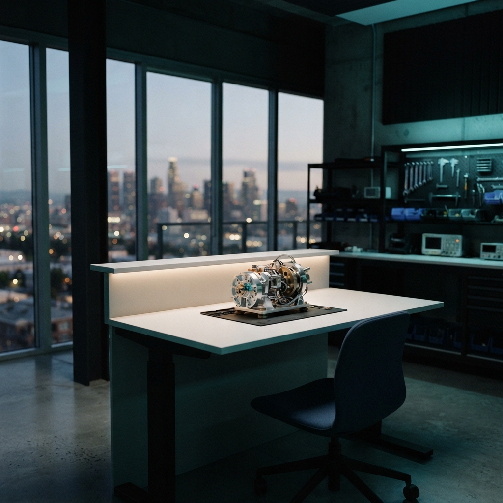 Minimalist professional workspace with architectural lighting
