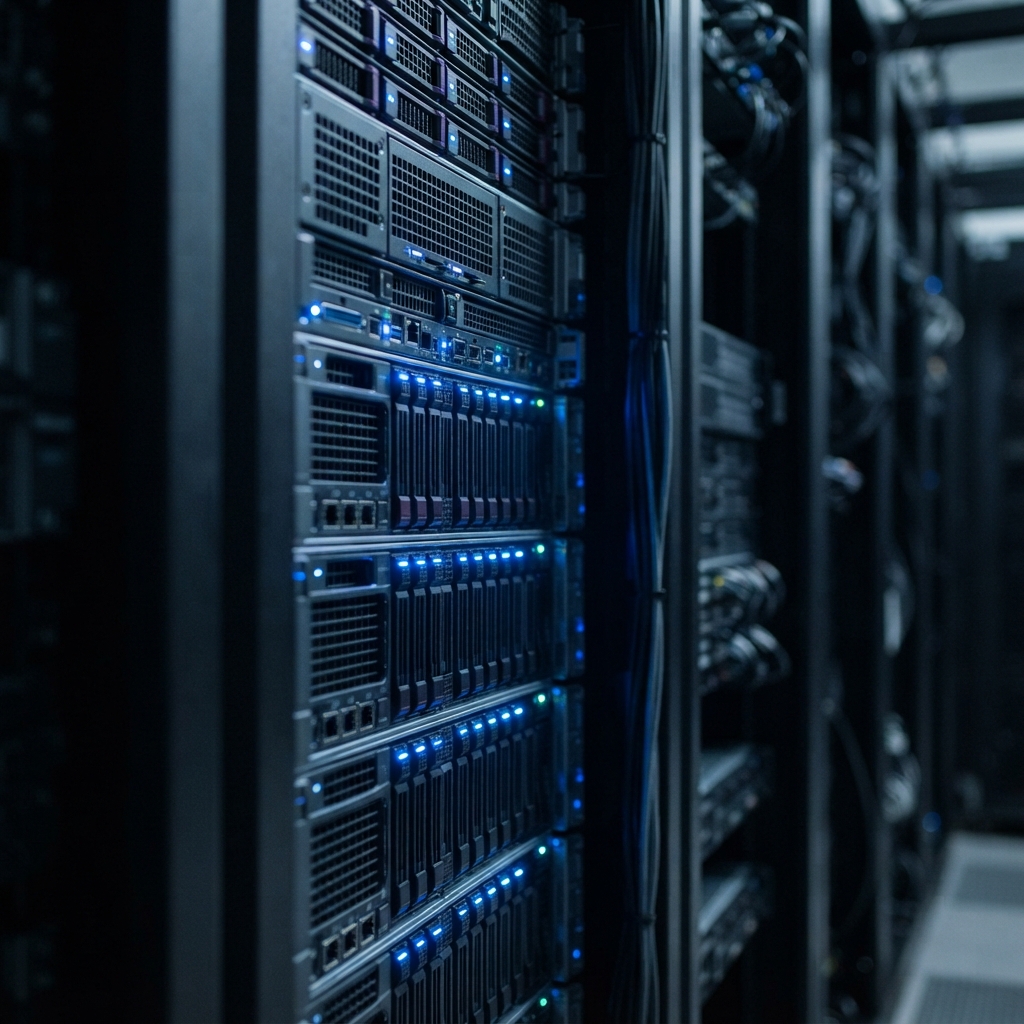 Server rack modules with glowing blue status lights
