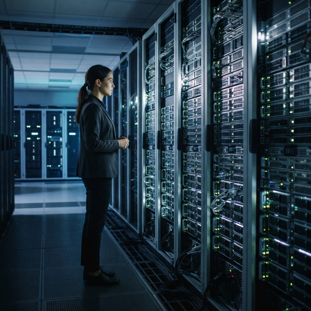 Engineer overseeing high performance computing infrastructure in a server room