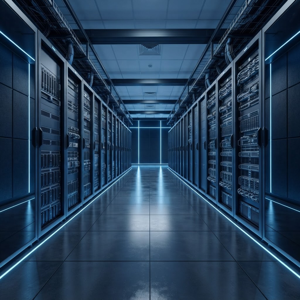 Modern server room interior with architectural lighting